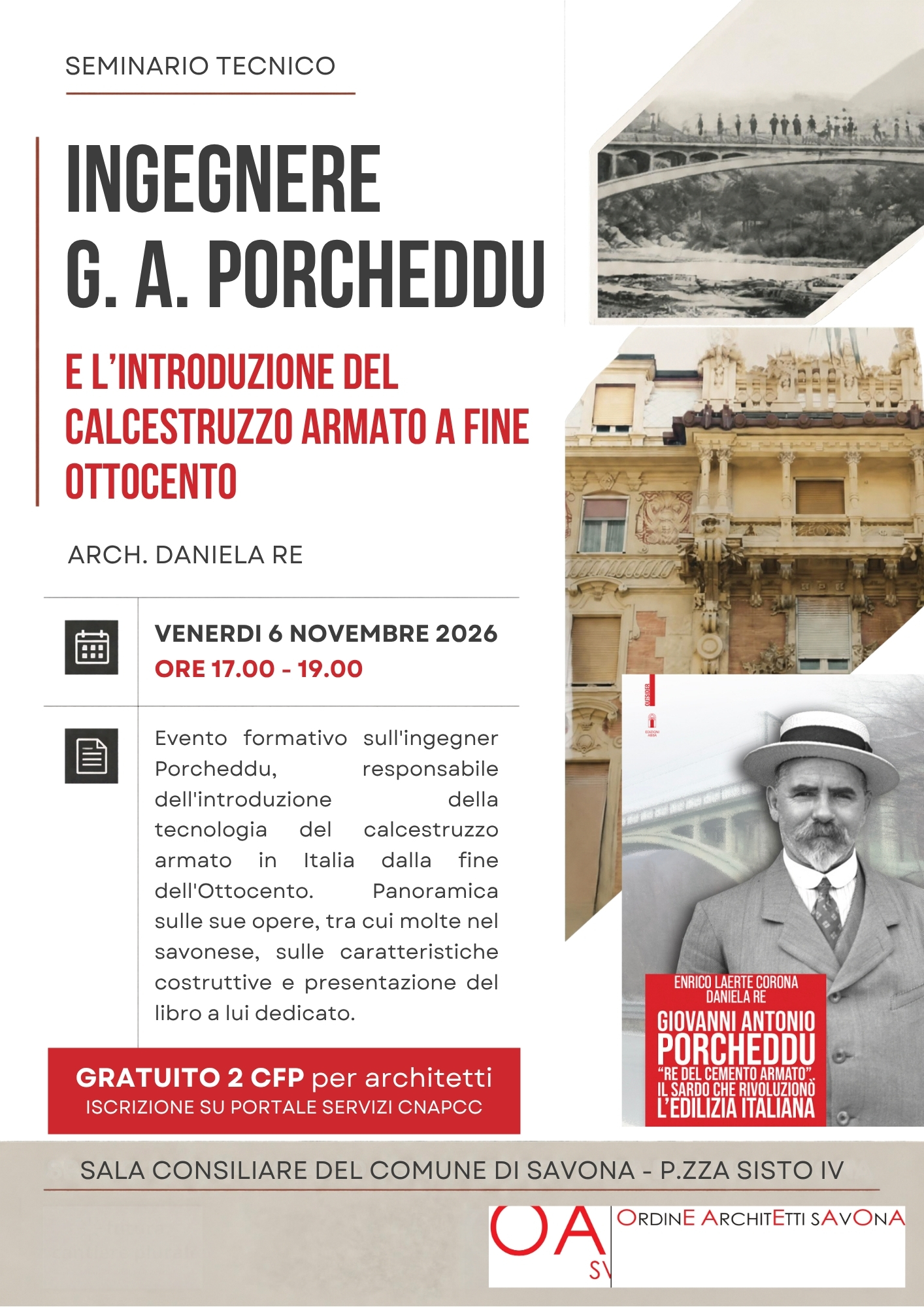 Seminario Ordine Architetti Savona con CFP: l'ing. G. A. Porcheddu e l'introduzione del calcestruzzo armato a fine Ottocento in Italia